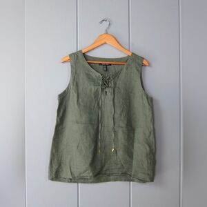 Ellen Tracy Sleeveless Olive Lace-Up Linen Top